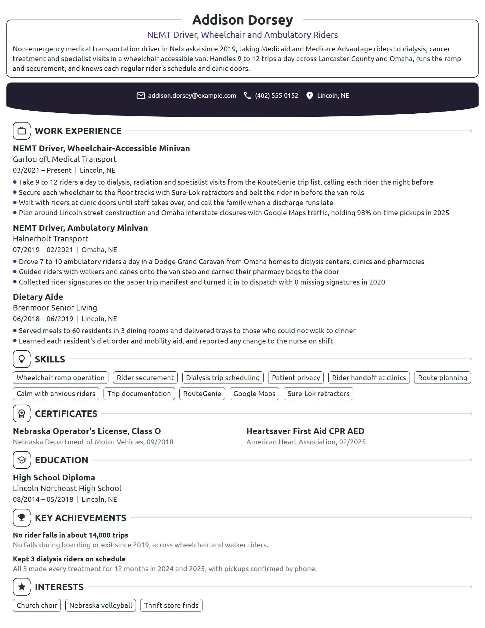 NEMT Driver resume example