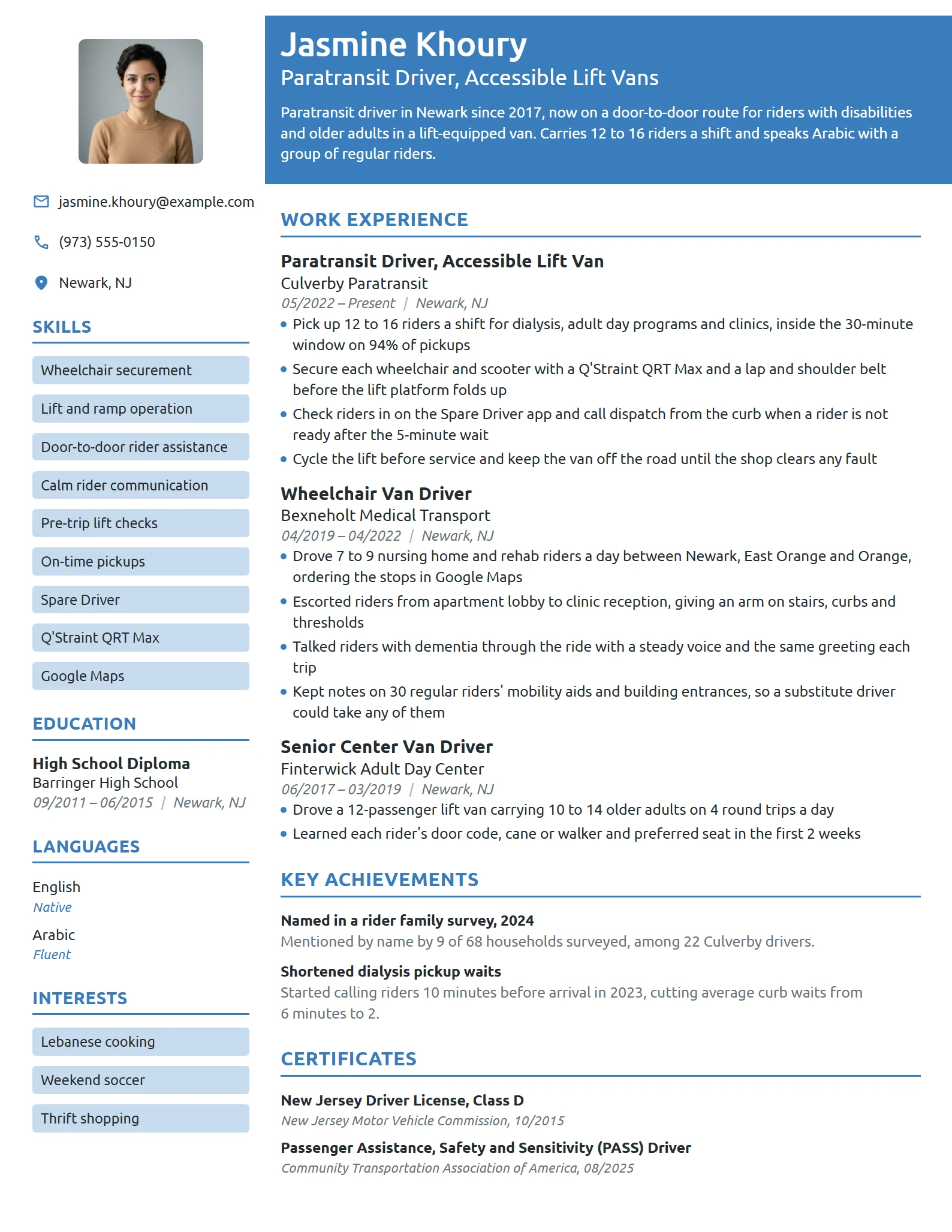 Paratransit Driver resume example