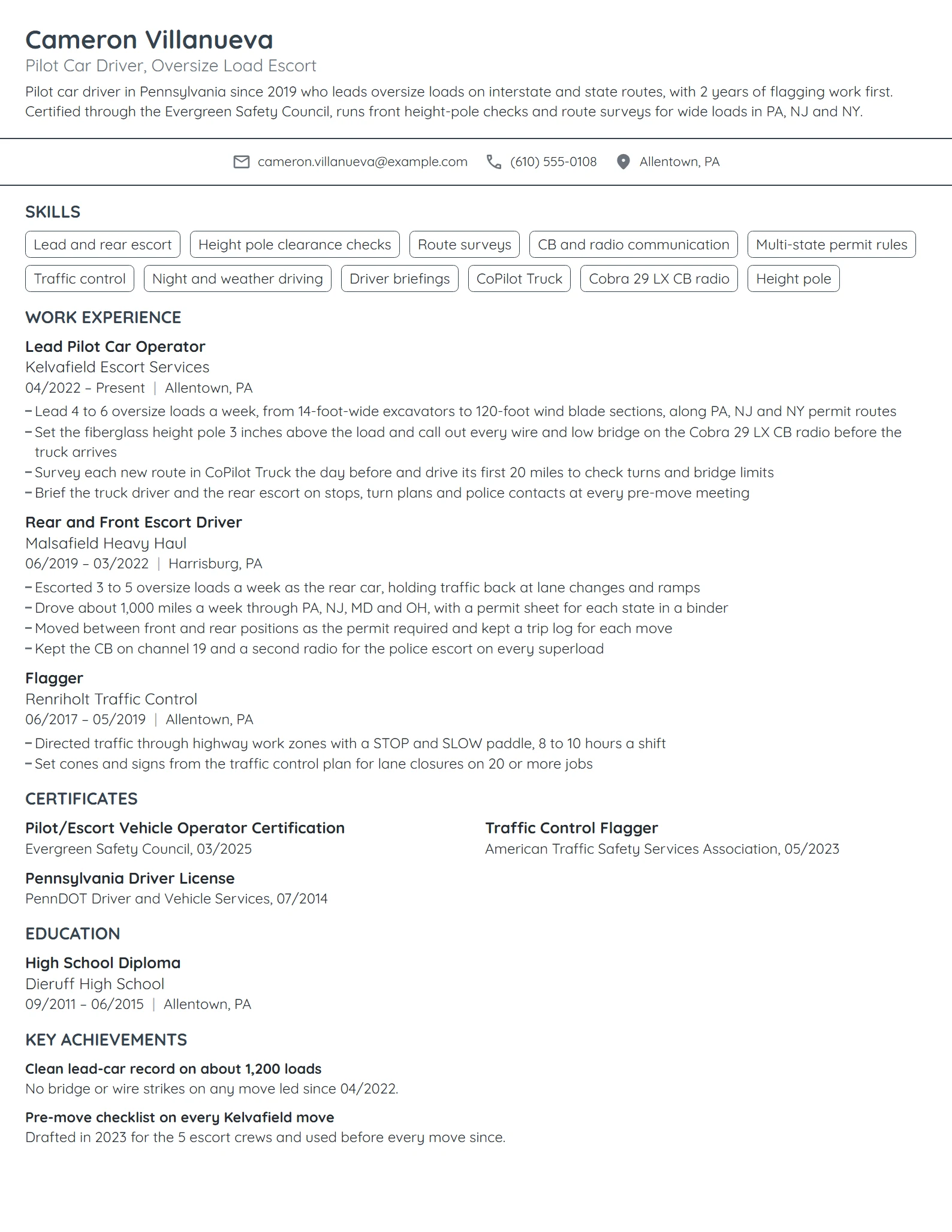 Pilot Car Driver resume example