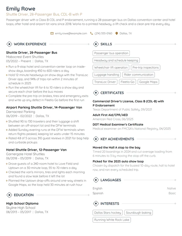 Shuttle Driver resume example