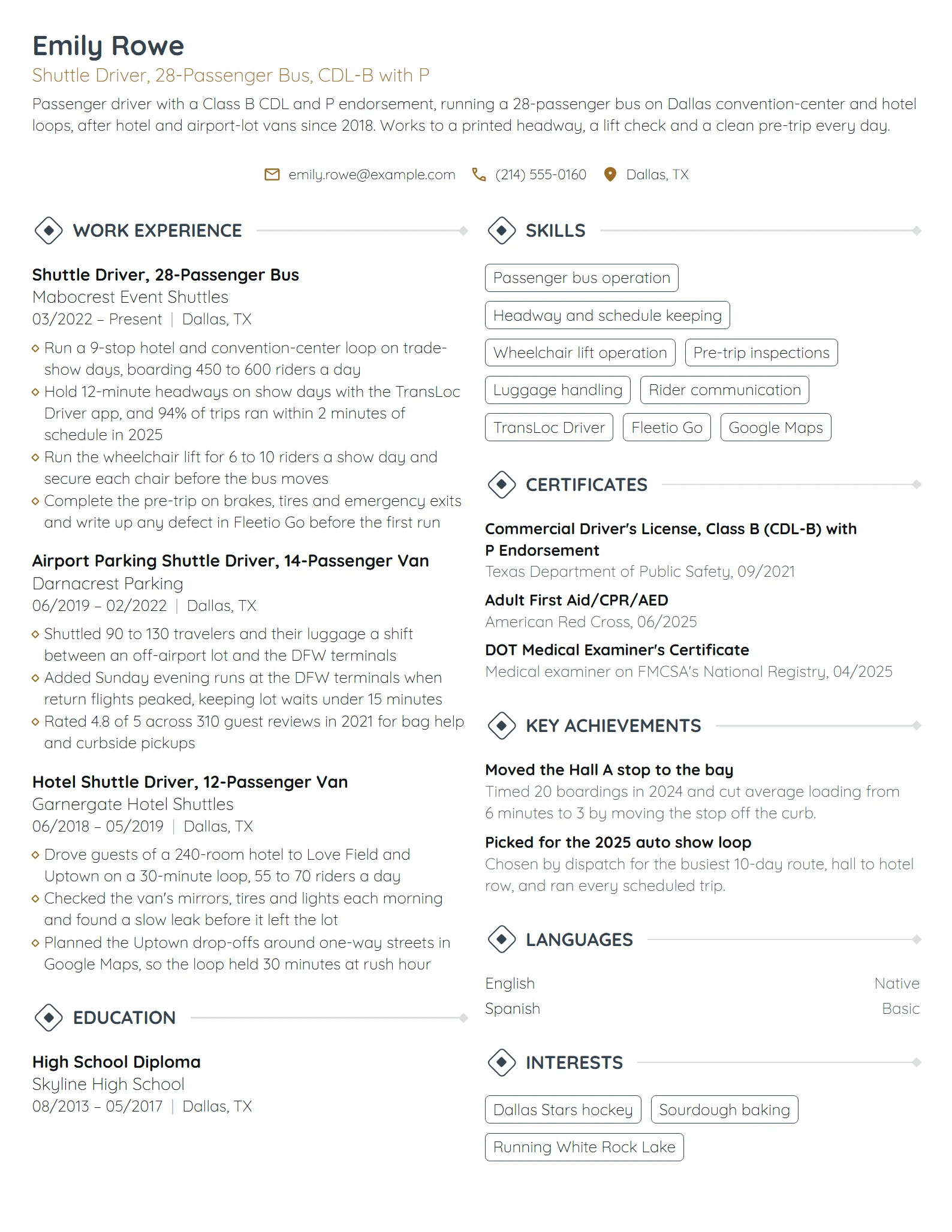 Shuttle Driver resume example