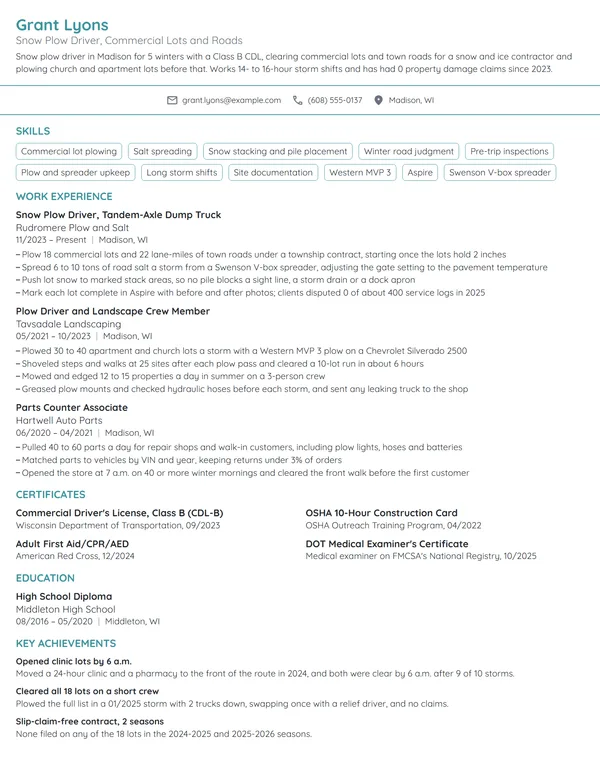 Snow Plow Driver resume example