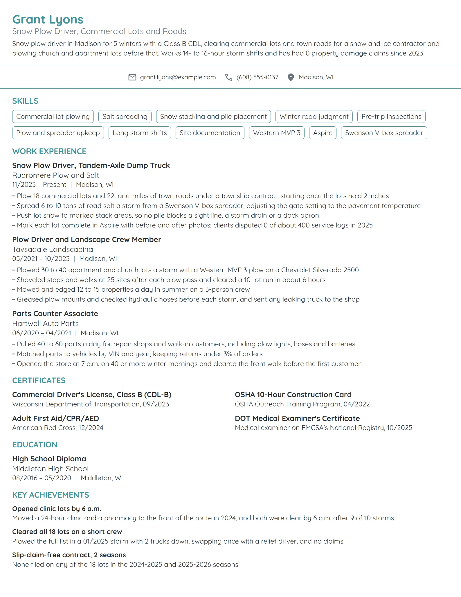 Snow Plow Driver resume example