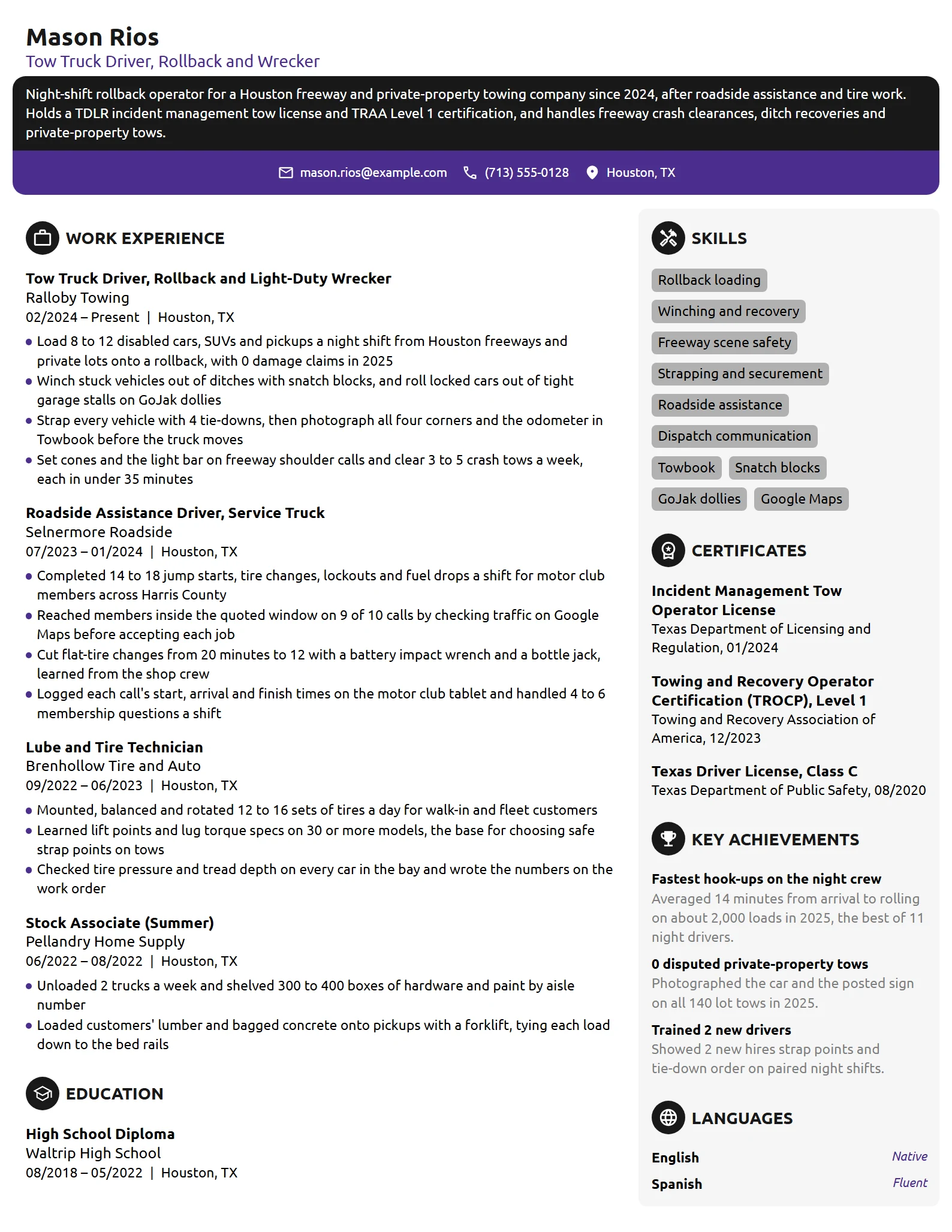 Tow Truck Driver resume example