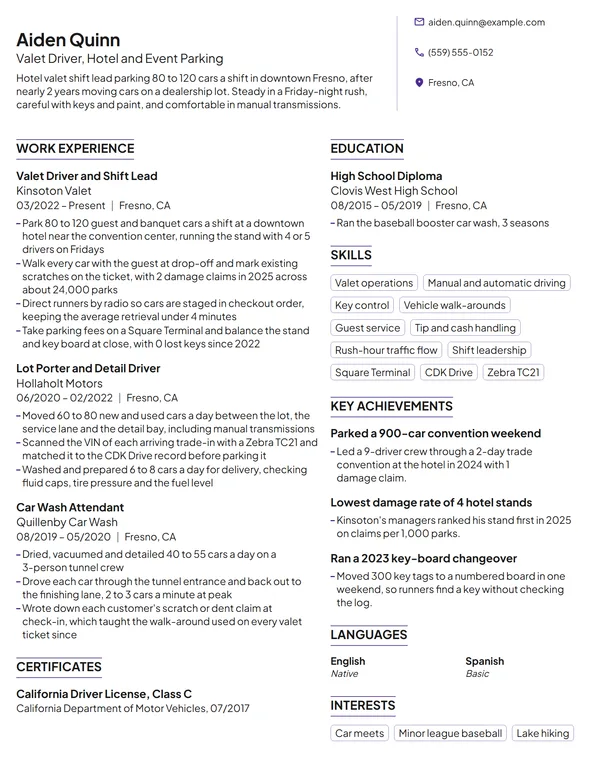 Valet Driver resume example