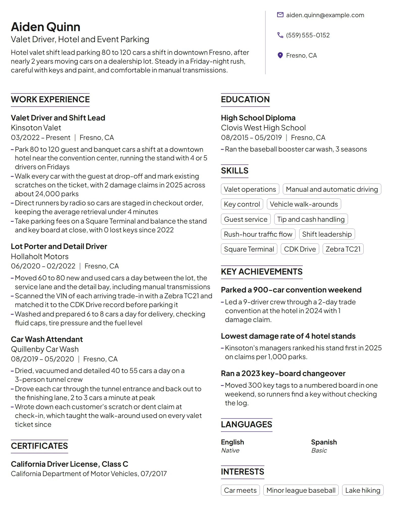 Valet Driver resume example
