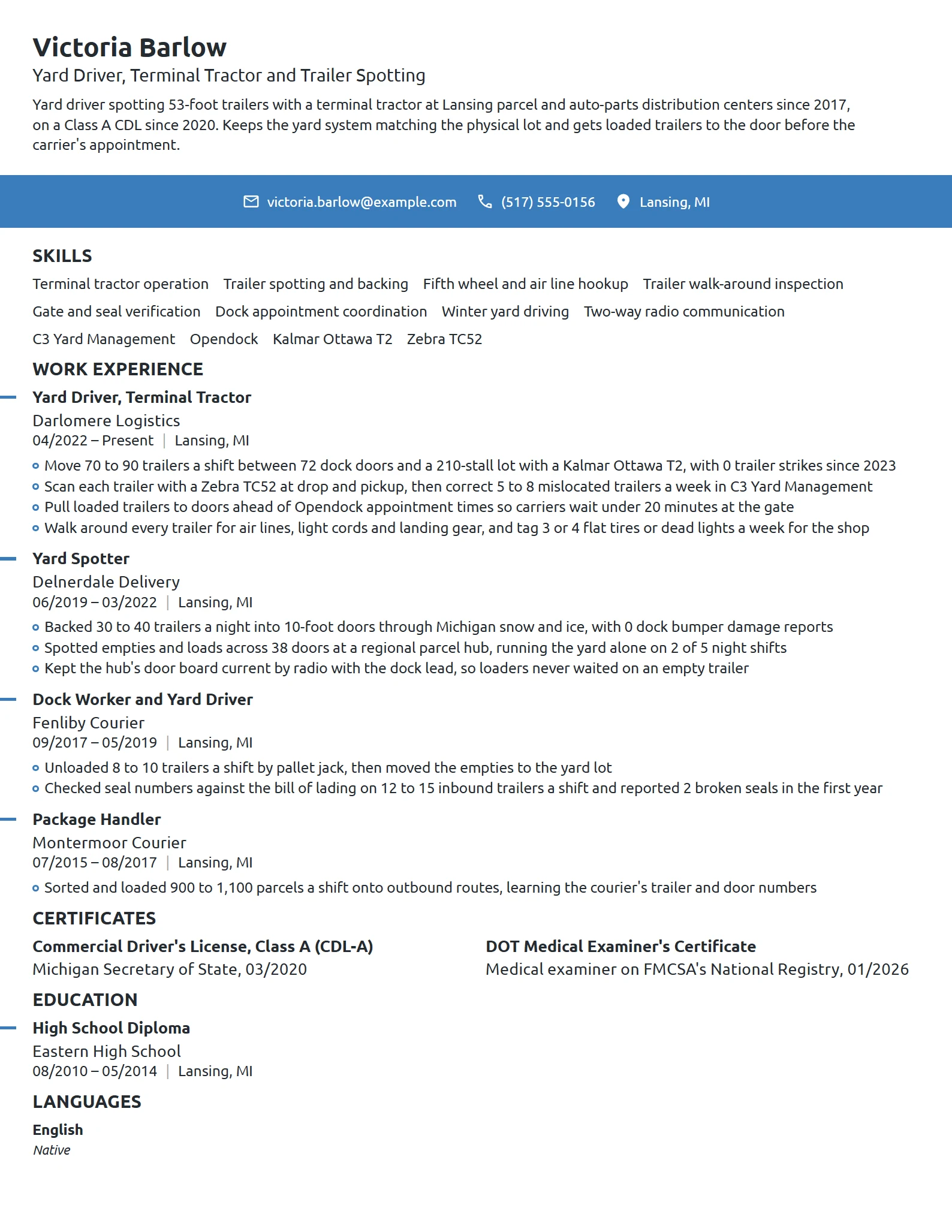 Yard Driver resume example