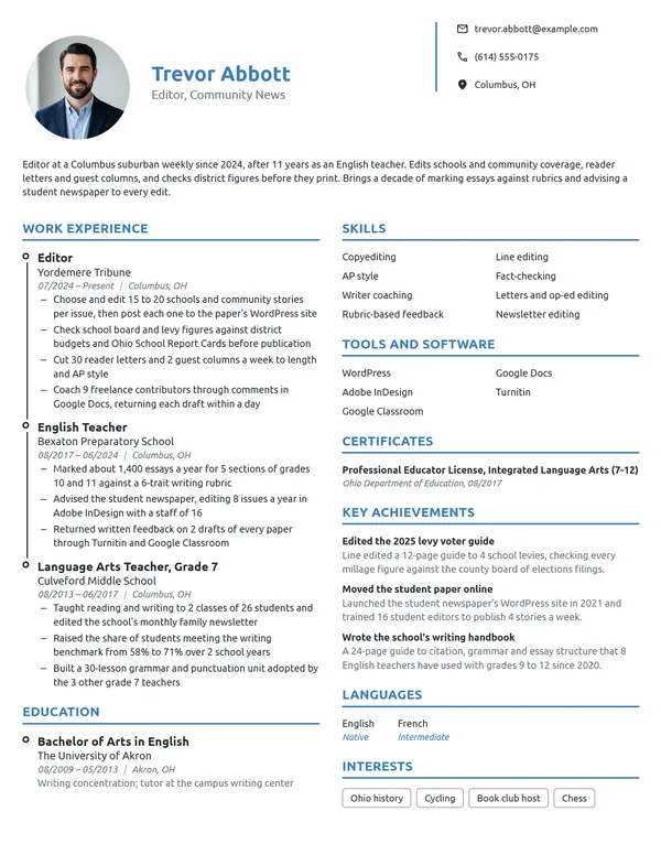 Career Change Editor resume example