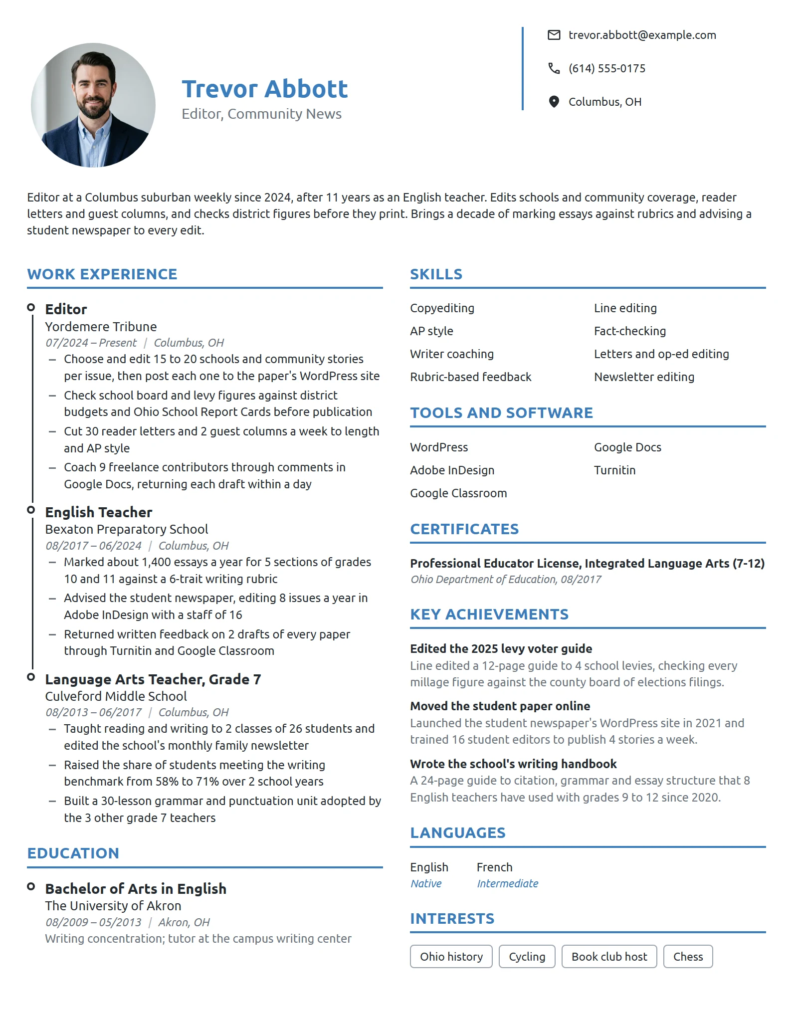 Career Change Editor resume example