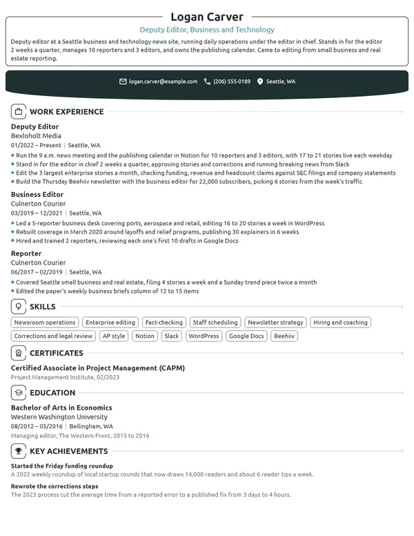Deputy Editor resume example