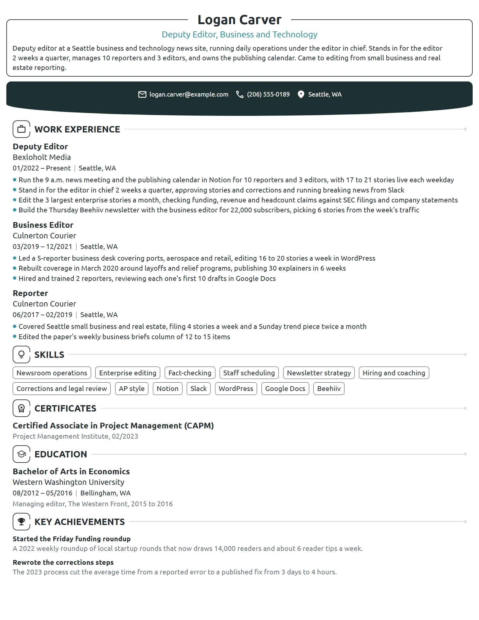 Deputy Editor resume example