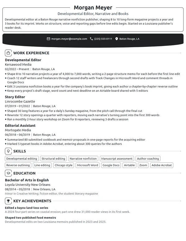 Developmental Editor resume example