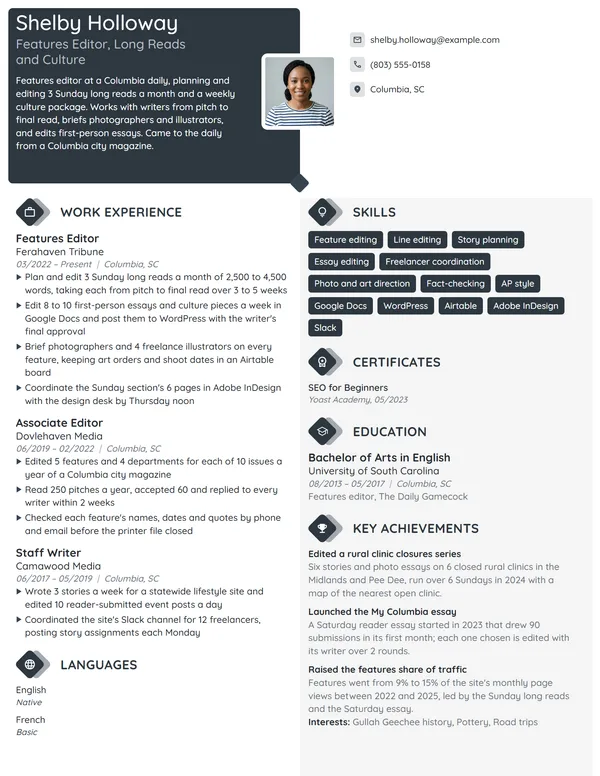 Features Editor resume example