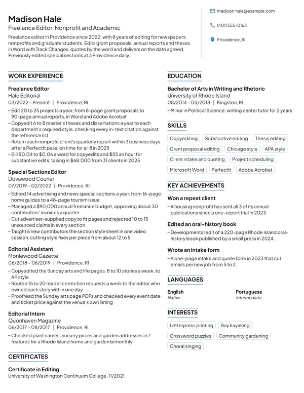 Freelance Editor resume example