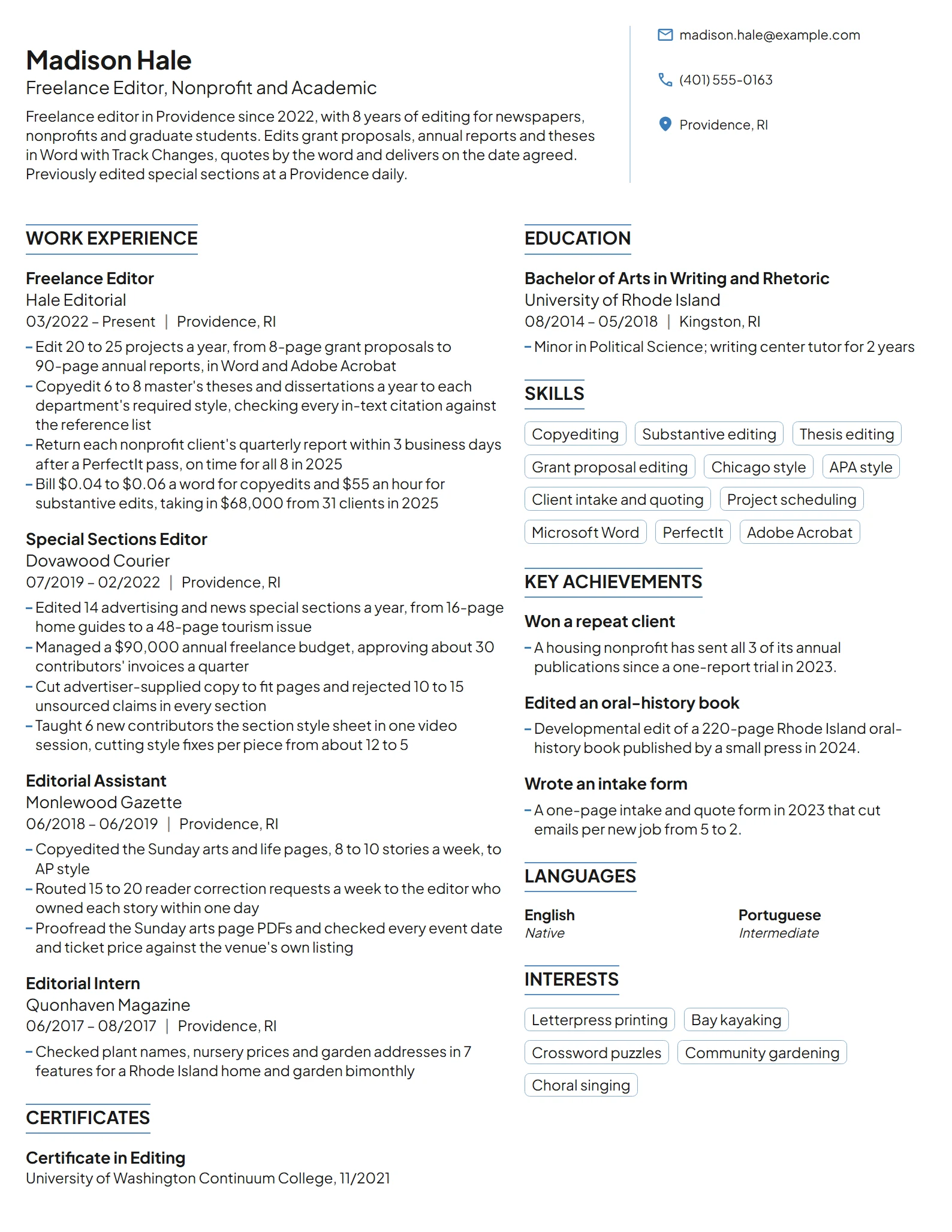 Freelance Editor resume example