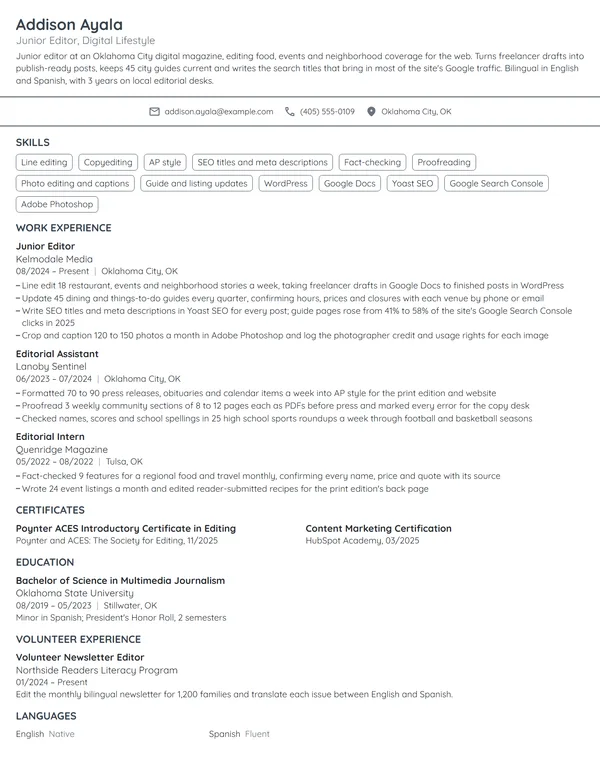 Junior Editor resume example
