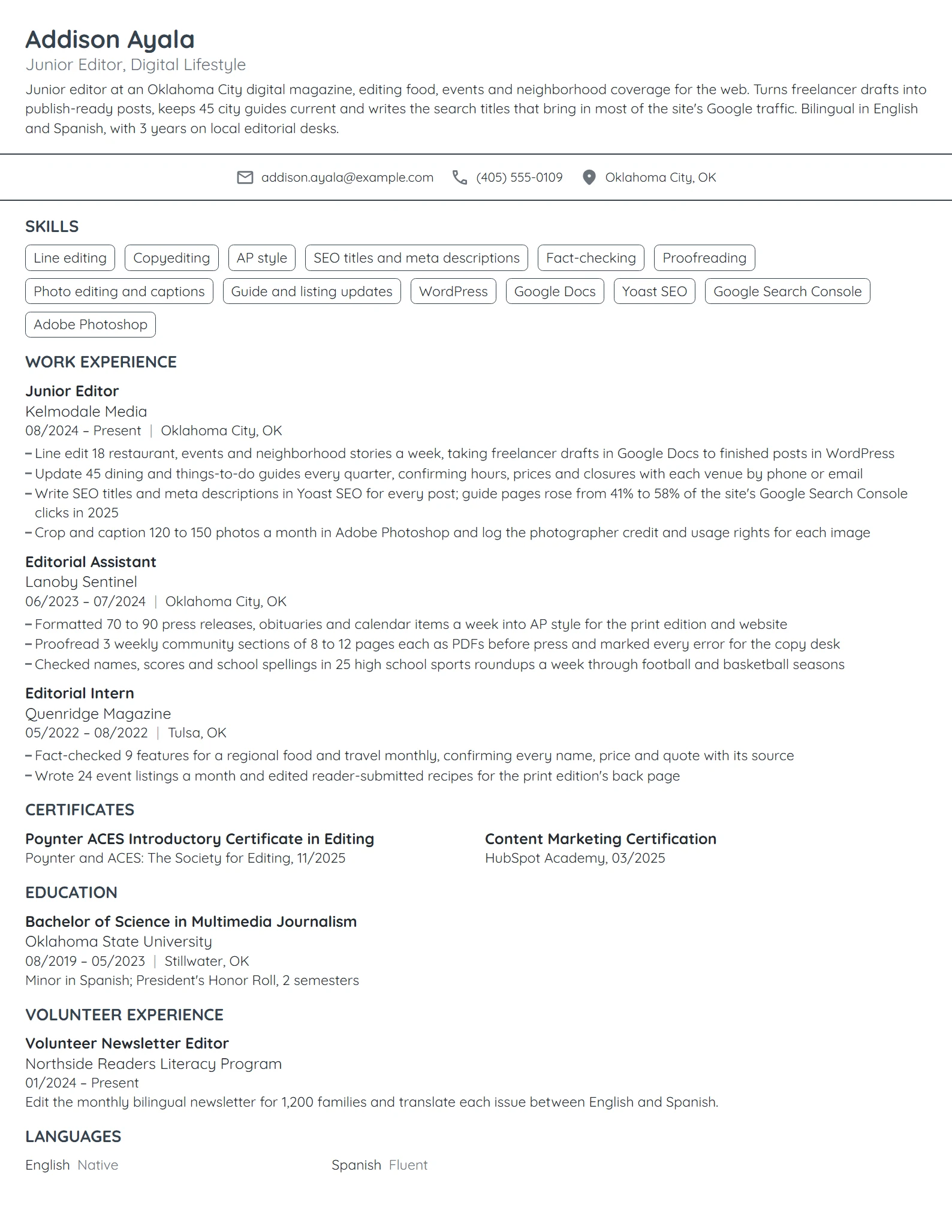 Junior Editor resume example