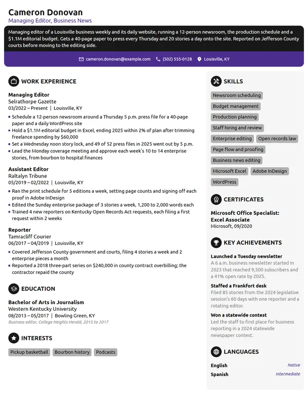 Managing Editor resume example