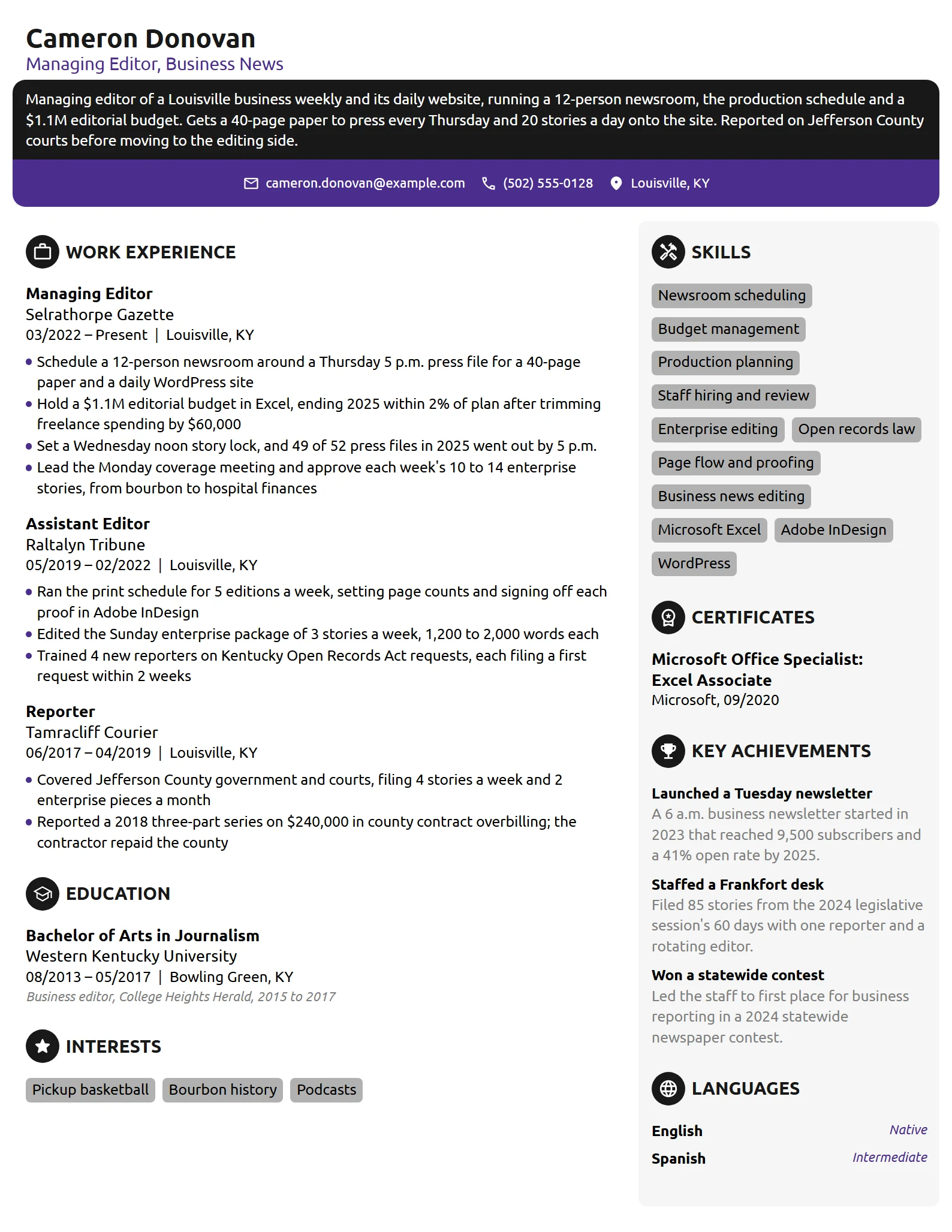 Managing Editor resume example