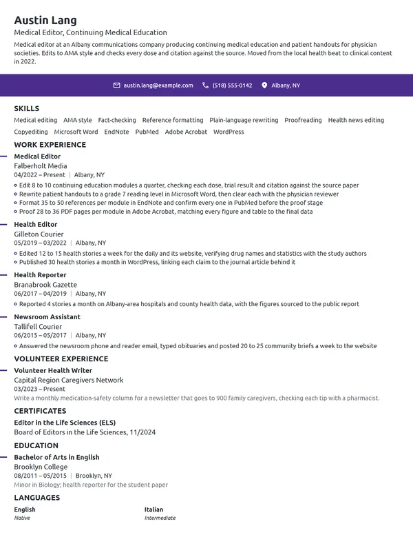 Medical Editor resume example