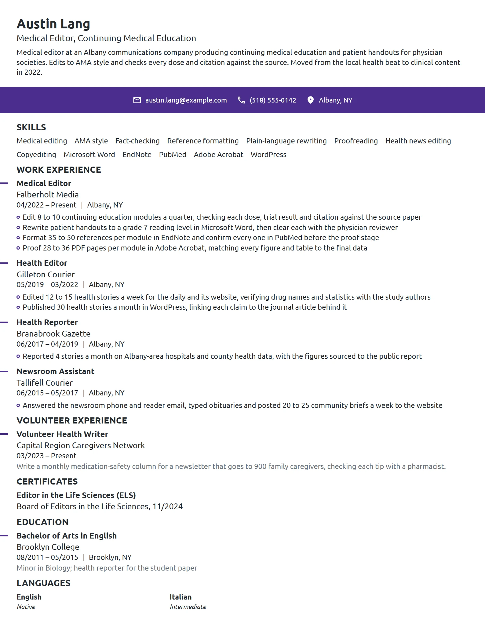 Medical Editor resume example