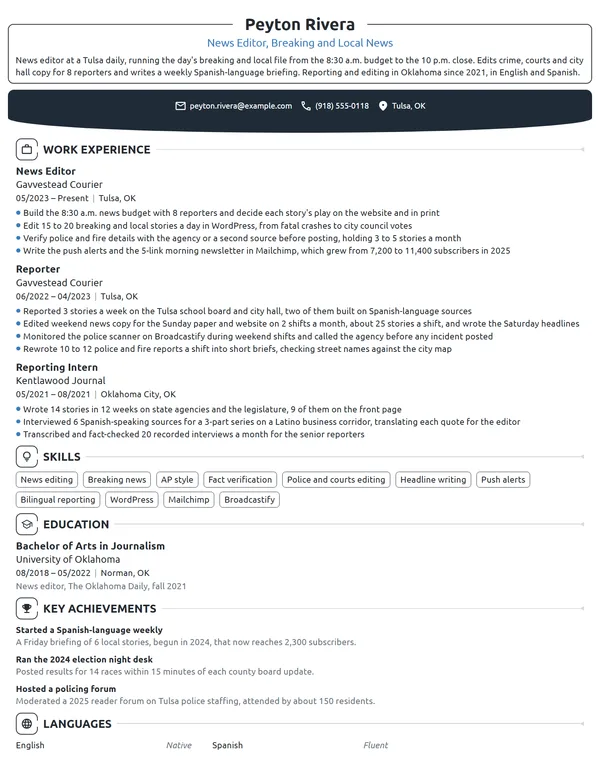 News Editor resume example