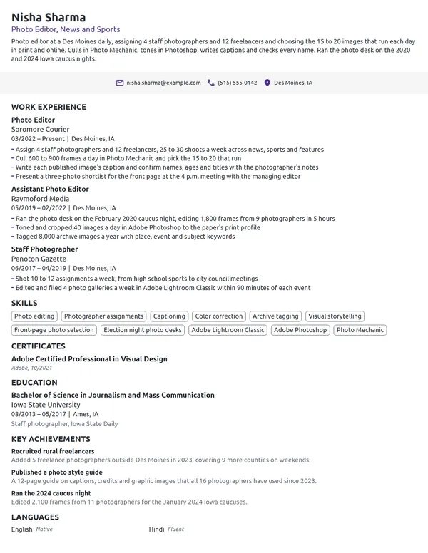 Photo Editor resume example