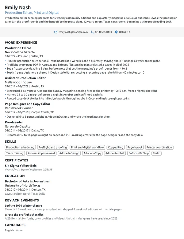 Production Editor resume example