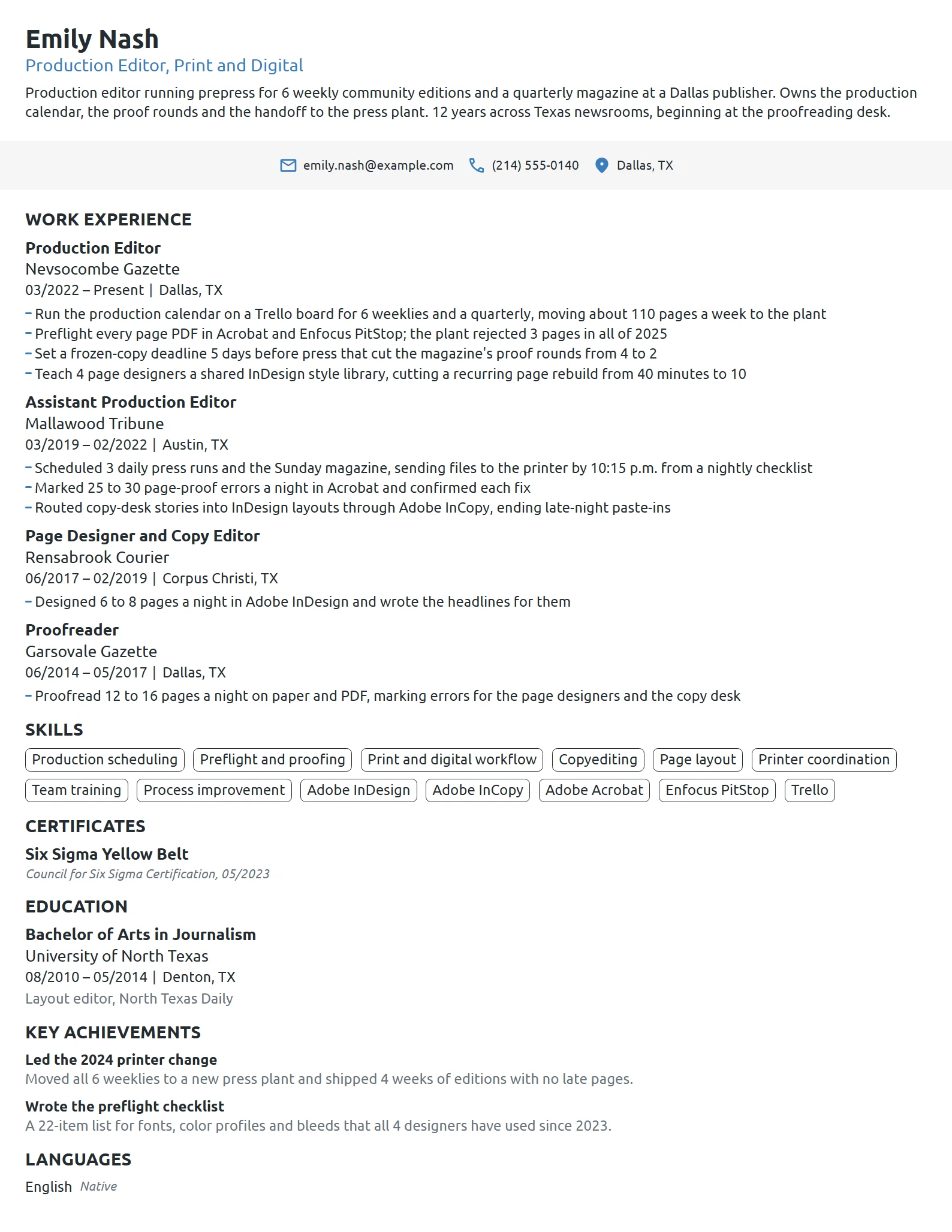 Production Editor resume example