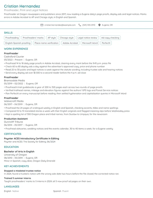Proofreader resume example
