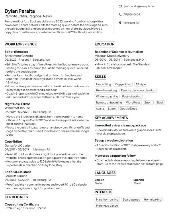 Remote Editor resume example