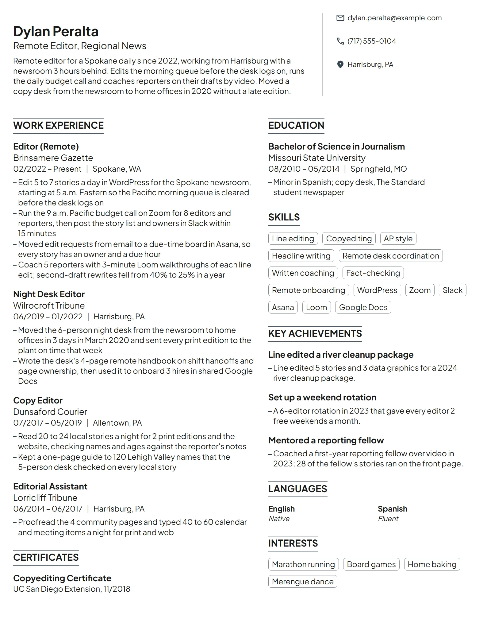 Remote Editor resume example