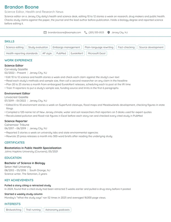 Science Editor resume example