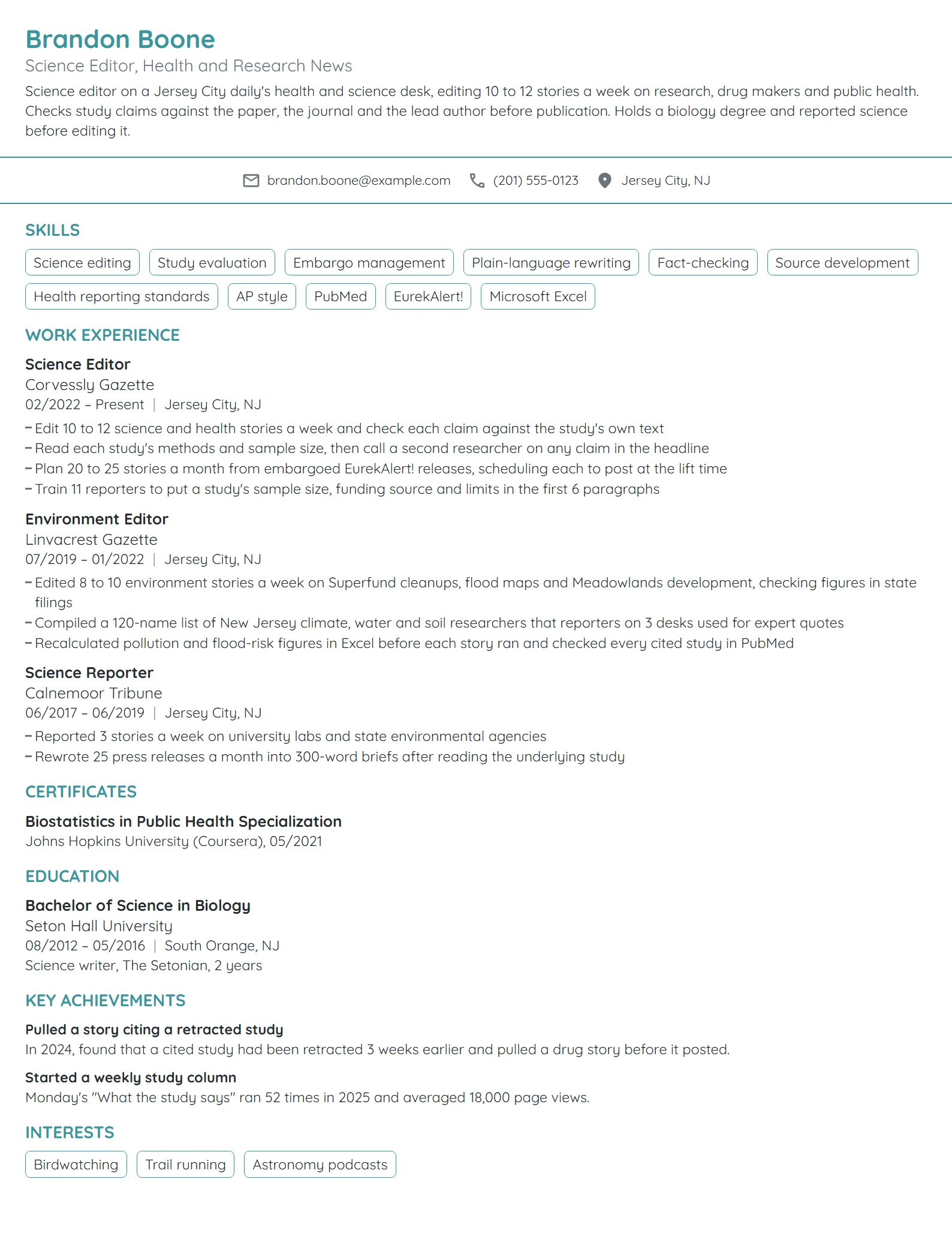 Science Editor resume example