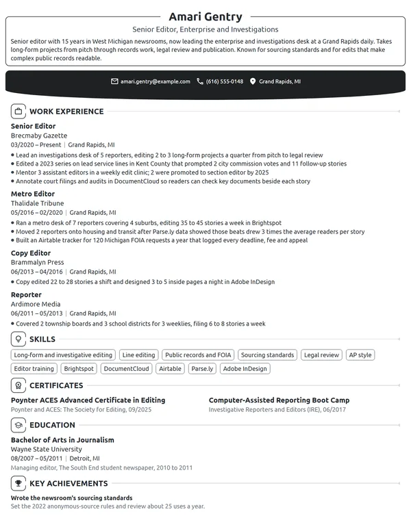 Senior Editor resume example