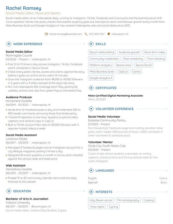 Social Media Editor resume example
