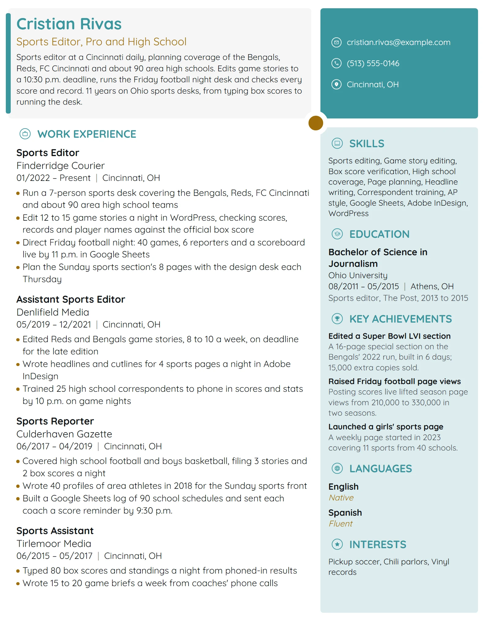 Sports Editor resume example