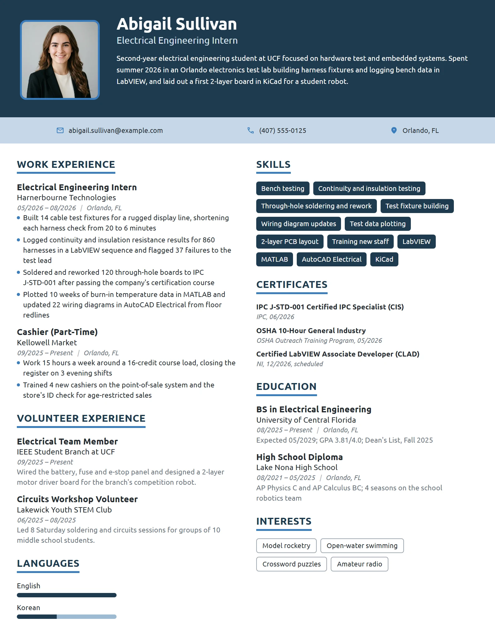 Electrical Engineer Intern resume example