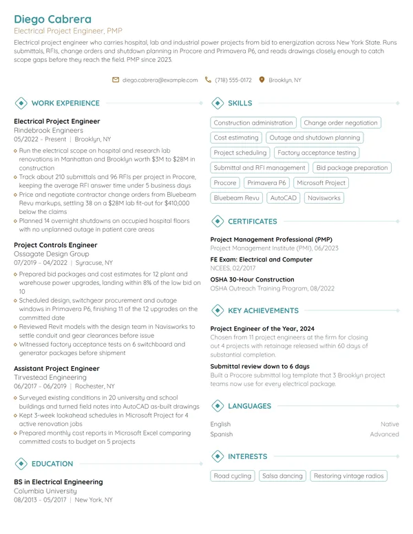Electrical Project Engineer resume example
