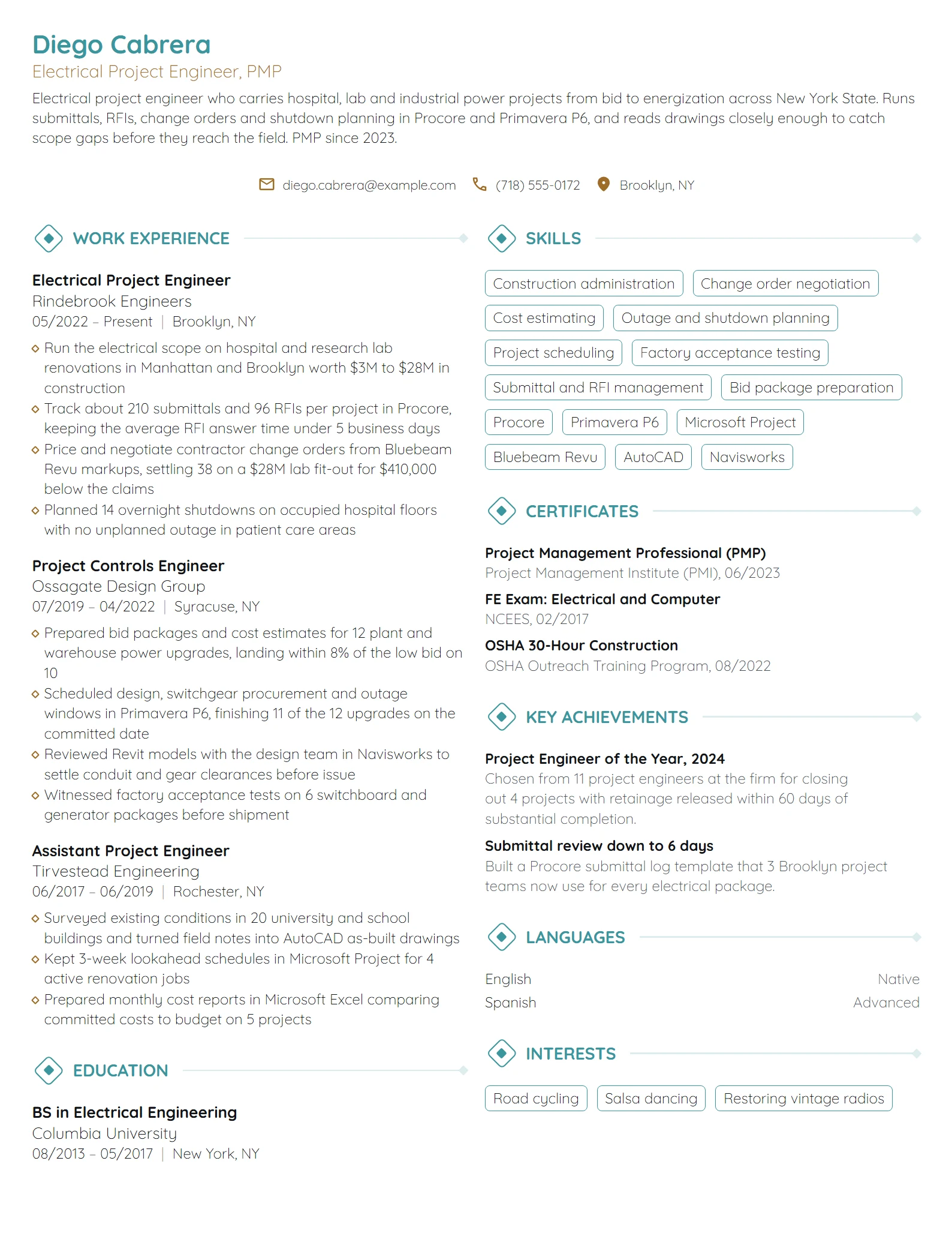 Electrical Project Engineer resume example