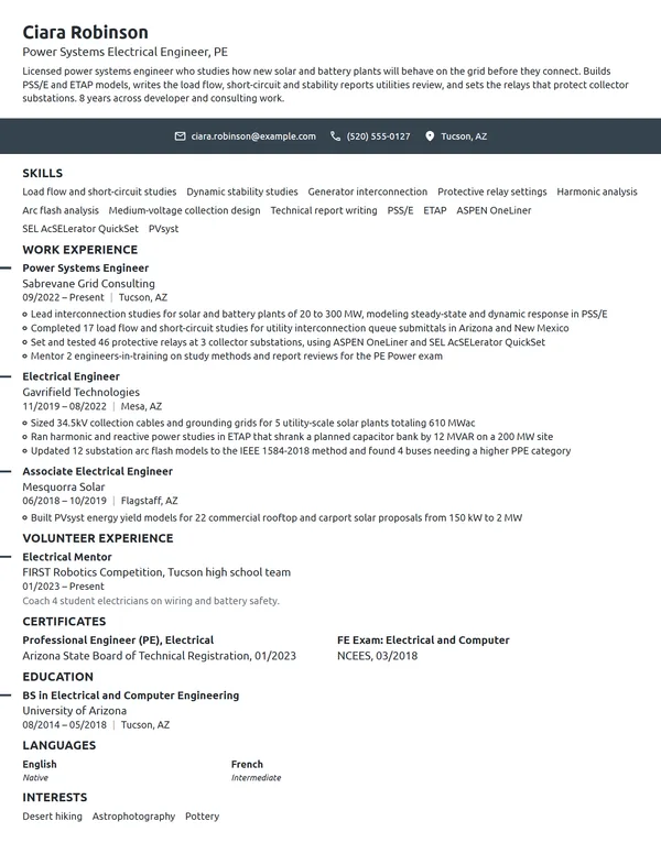 Power Systems Electrical Engineer resume example