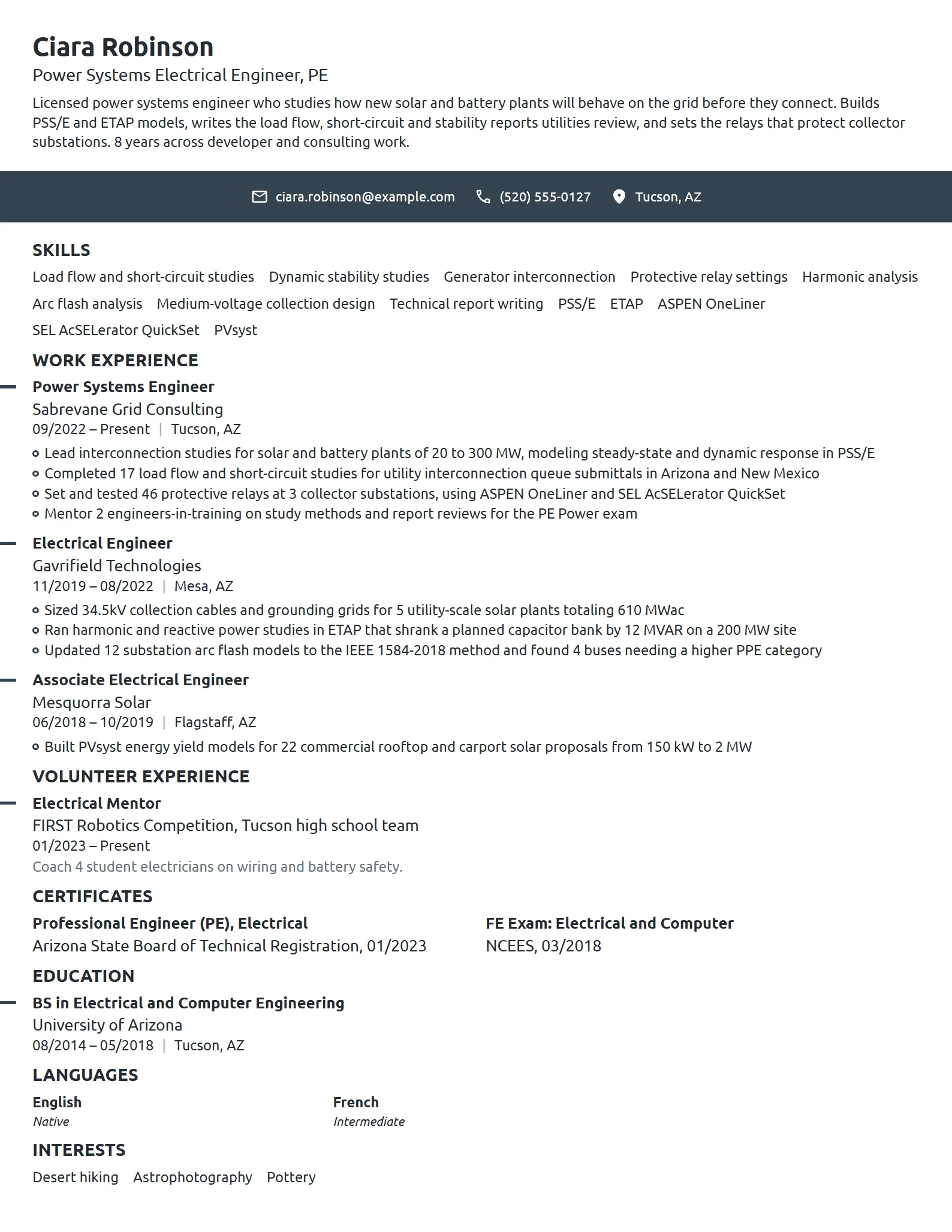 Power Systems Electrical Engineer resume example