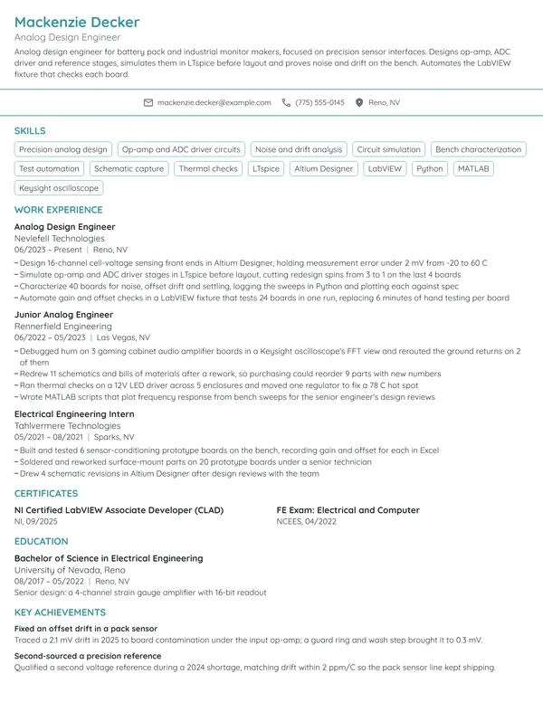 Analog Design Engineer resume example