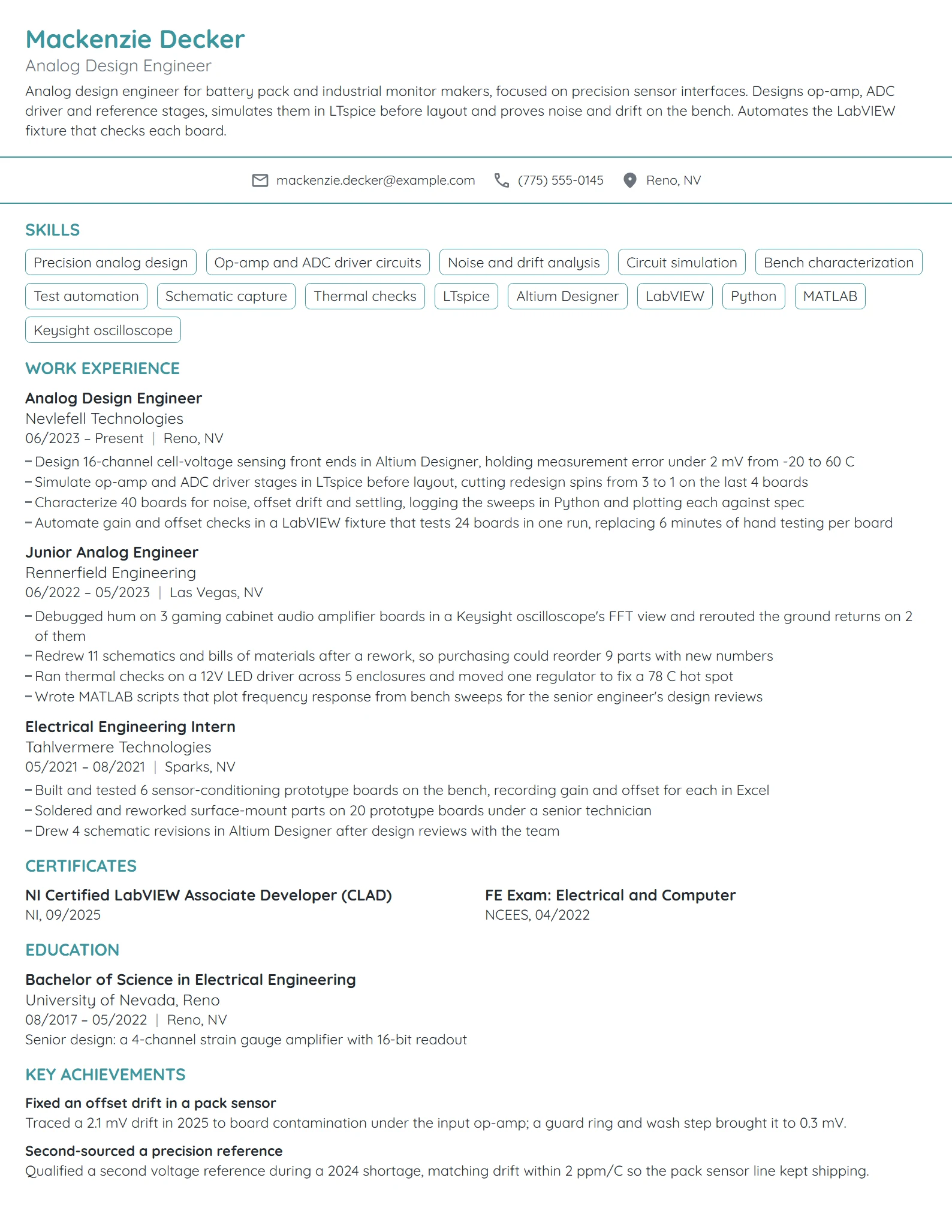 Analog Design Engineer resume example