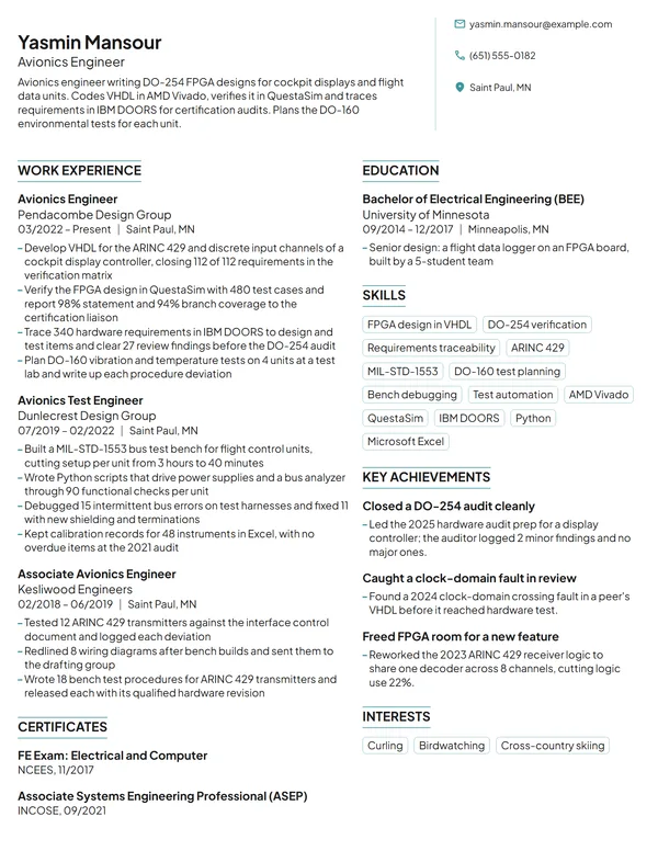 Avionics Engineer resume example