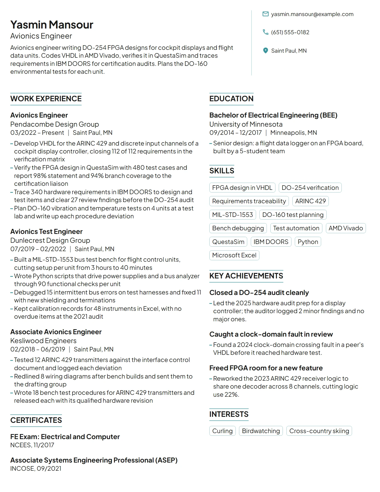 Avionics Engineer resume example