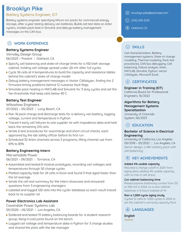 Battery Systems Engineer resume example