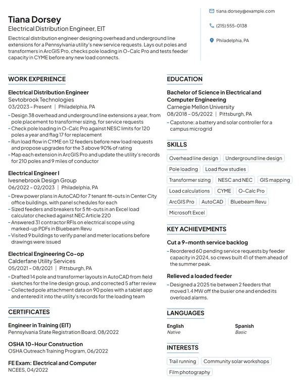 Electrical Distribution Engineer resume example