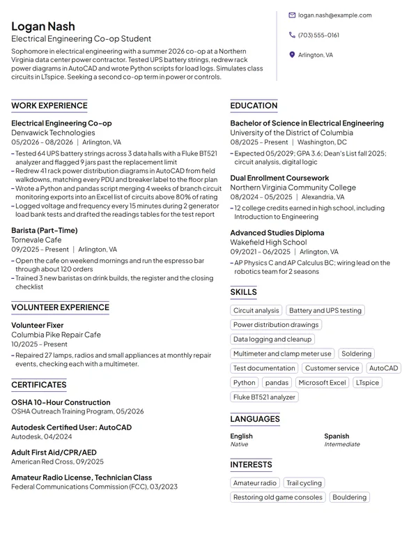 Electrical Engineering Co-op resume example