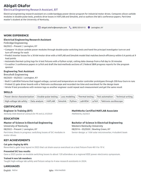 Electrical Engineering Research Assistant resume example